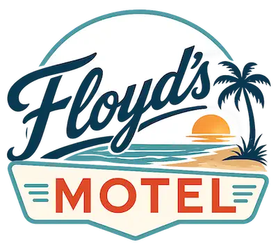 Floyd's Motel retro logo with palm trees and sunset